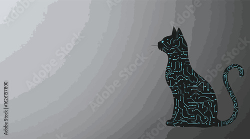 Silhouette of a cat designed with circuit board patterns in a modern artistic composition.