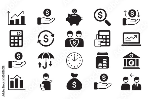 Corporate and investment icons including dollar sign, arrows, and audit