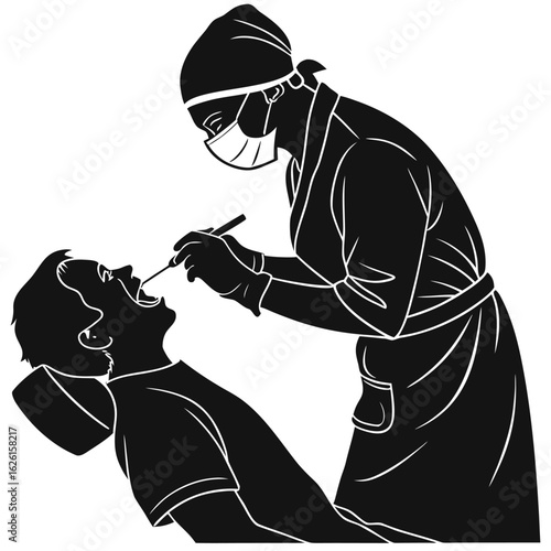 Vector illustration of a dentist examining a patient in a dental chair.