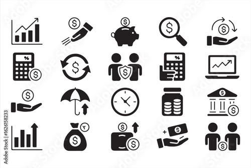 Black finance and banking icons including piggy bank, investment, and wallet