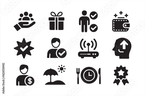 Minimal user validation and benefit icons including meal, internet, and coin