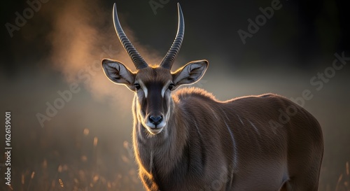 A majestic common eland antelope stands in a grassy field, its impressive horns illuminated by the golden, hazy light of dawn.