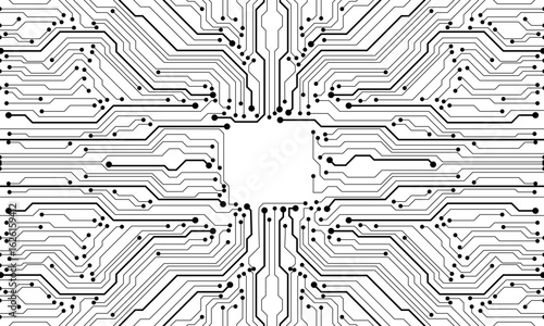 Abstract black circuit board technology connected lines electronics elements computer motherboard chip processor semiconductor digital on white background vector