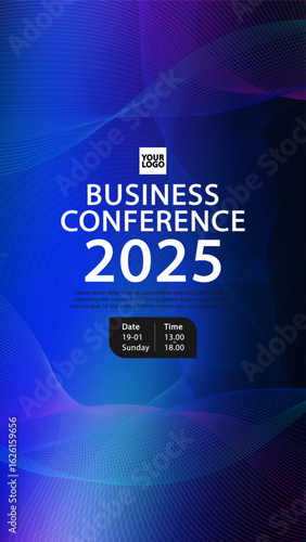 Vertical banner for business conference . Abstract tech background with vibrant blue-purple gradient. Ideal for webinars, seminars, online meetings, and professional events.