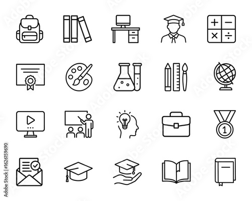 Education Line Icons Vector Set – School, Learning Tools, Online Class, Diploma, Student, Chemistry, Books, Graduation Cap, Backpack, Stationery, Study Elements – Black Outline icons