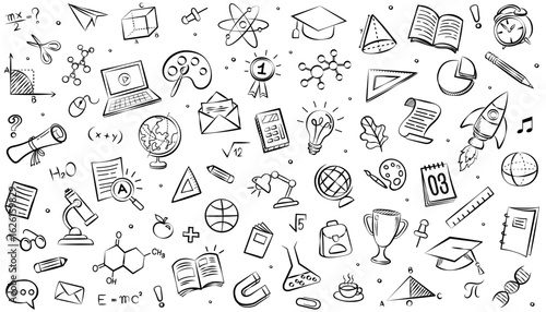 Hand-drawn educational doodles featuring science, math, and art icons on white background. Ideal for academic materials, worksheets, and creative online learning graphics.