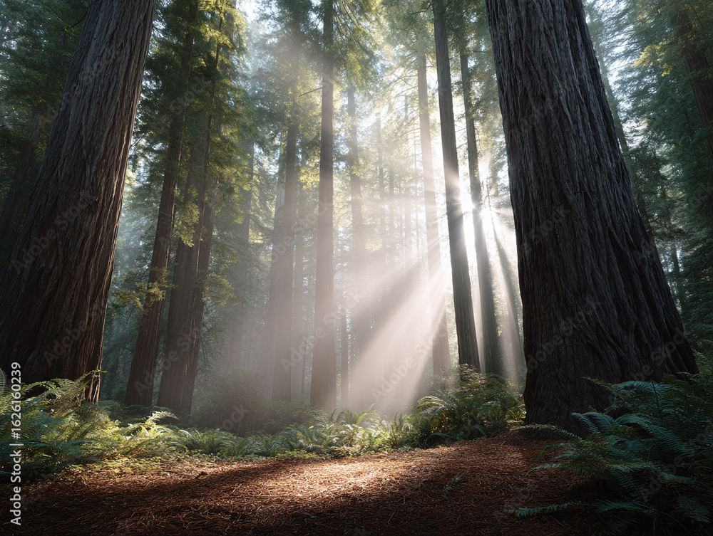 Obraz premium Majestic forest scene with towering trees bathed in ethereal sunlight. Ferns carpet the forest floor. Represents serenity, natures power, or environmental themes.