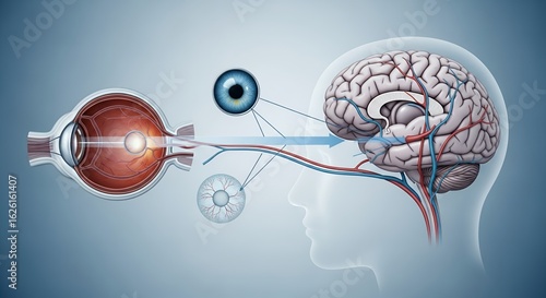 Detailed Illustration of Human Eye and Brain Anatomy with Visual Pathway on Gradient Blue Background Showcasing Connection and System