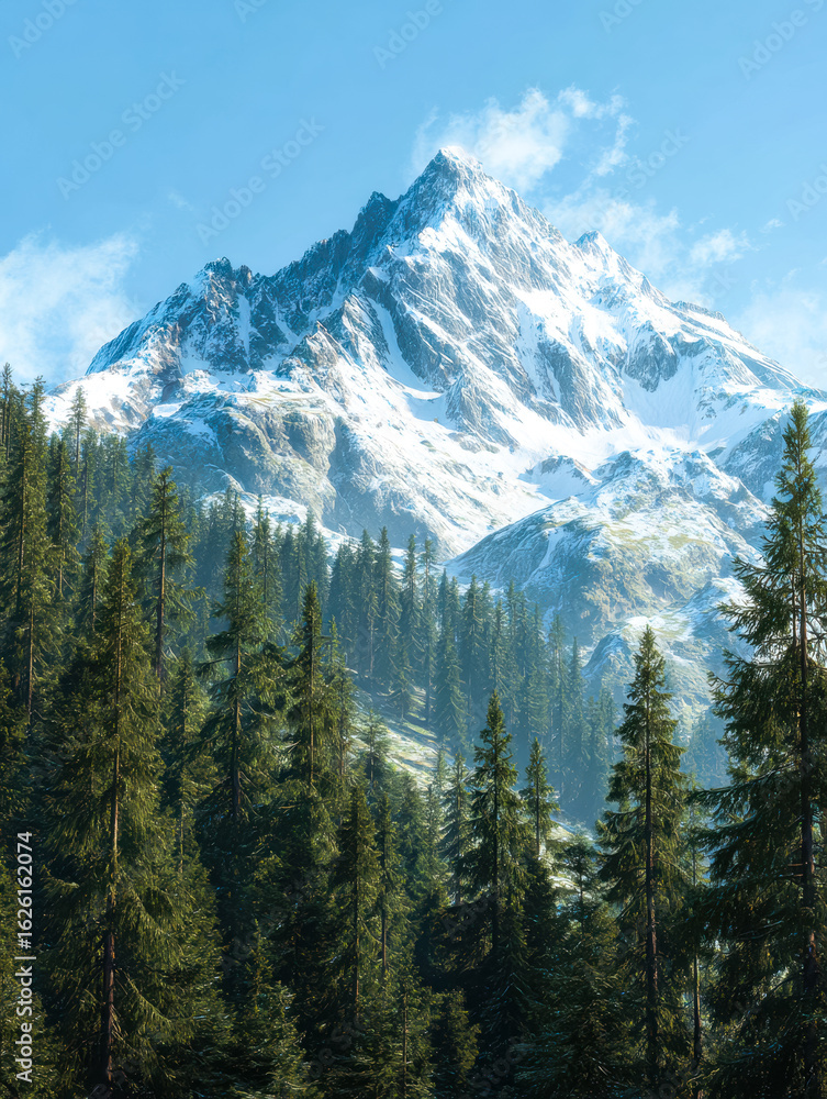 Fototapeta premium Majestic snow-capped mountain towering over a lush green pine forest