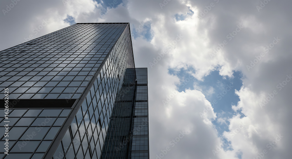 Modern skyscraper reaching towards dramatic cloudy sky Modern skyscraper reaching towards dramatic cloudy sky