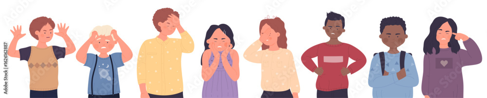 Group of diverse children showing annoyed, frustrated, and upset facial expressions, each reacting differently, isolated on white background vector illustration Group of diverse children showing annoyed, frustrated, and upset facial expressions, each reacting differently, isolated on white background vector illustration