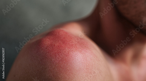 Closeup of sunburned shoulder. Represents health, skin damage, overexposure, summer caution, medical awareness,  beauty risks. For skincare  wellness themes.