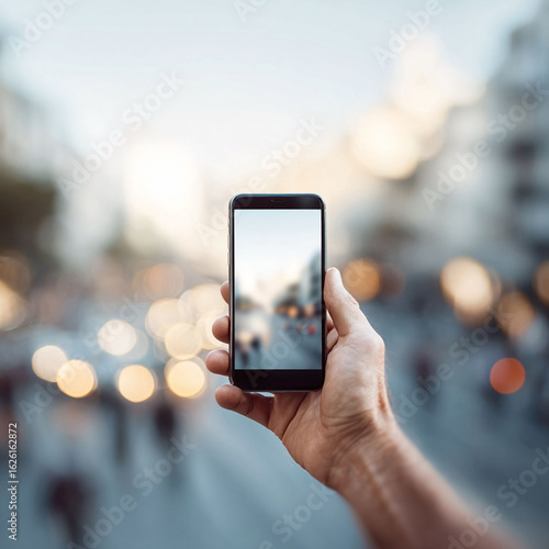 Urban scene captured on a phone. Hand holding device  focused screen amidst blurred cityscape lights. Connecting  sharing  technology  mobile lifestyle concepts.