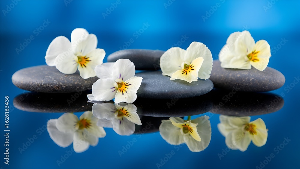 White pansy flowers on stones with reflections , blue background White pansy flowers on stones with reflections , blue background