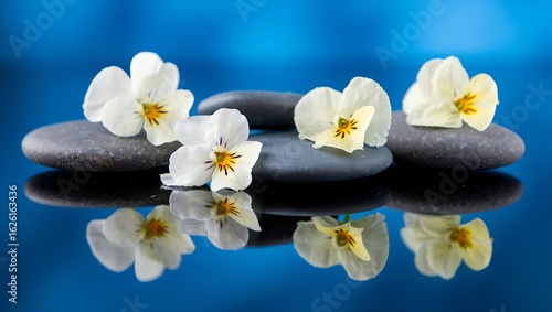White pansy flowers on stones with reflections , blue background 