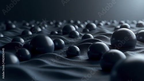 futuristic 3D abstract background with spheres emerging from layered wave patterns.