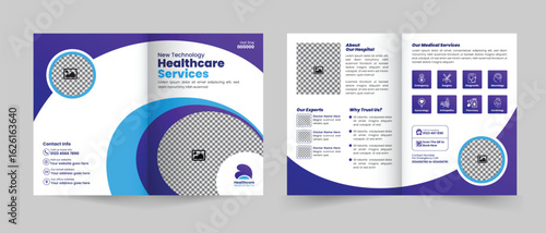 Healthcare service bifold brochure design or Medical, hospital, clinic, and diagnostic center promotion brochure template, Multipurpose template with cover, back, and inside pages layout