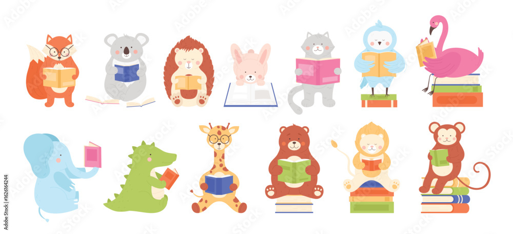 Fotografie Cute animal characters read books set vector illustration