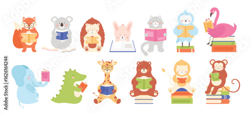 Photography Cute animal characters read books set vector illustration