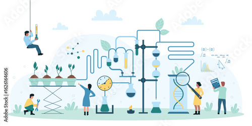 Biotechnology and science research in agriculture vector illustration. Cartoon tiny scientists grow plants using futuristic innovations and laboratory engineering, biochemistry scientific experiment