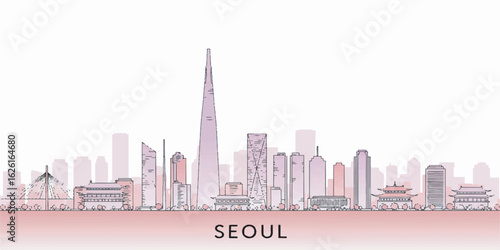 Modern vector illustration of the Seoul skyline featuring iconic buildings in a clean linear style with subtle gradients