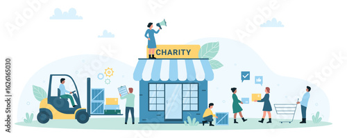 Charity, delivery, collection and storage donation boxes vector illustration. Cartoon tiny people volunteering, loading humanitarian aid boxes by forklift, volunteers help in coordination center