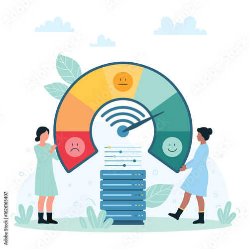 High speed broadband internet, network optimization vector illustration. Cartoon tiny people accelerate wifi signal on dashboard with speedometer and arrow, boost quick signal in provider speedtest