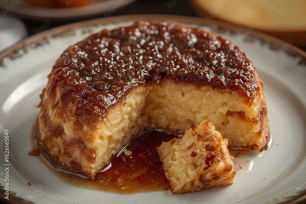 Delicious caramel custard dessert with a slice removed Delicious caramel custard dessert with a slice removed