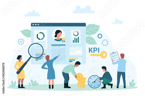 Key performance indicator, HR management and analytics vector illustration. Cartoon tiny people looking through magnifying glass at KPI test form and report, online performance review of employee