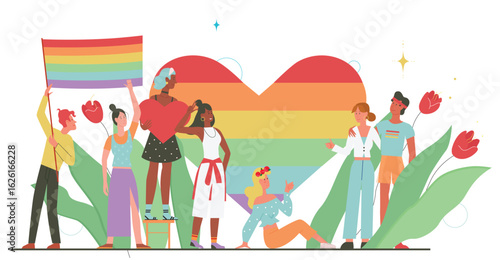 Community of people with LGBT pride heart symbol vector illustration. Cartoon man and woman hold rainbow flag, diversity of characters meeting in support of homosexual love, peace and LGBTQ lifestyle