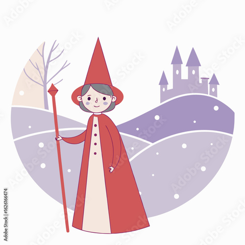 Smiling gray haired sorceress wearing a red gown stands in a snowy backdrop