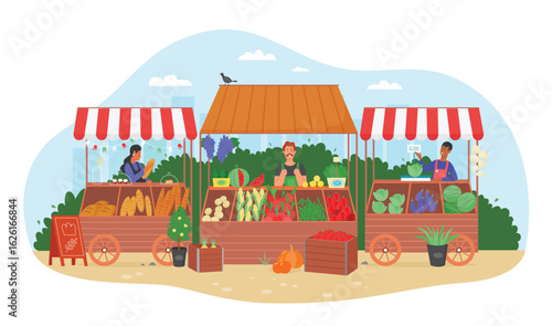 Local farm market, village fair to buy and sell fresh organic products vector illustration. Cartoon sellers selling to consumers seasonal fruit and vegetables, in grocery stands and shop kiosk