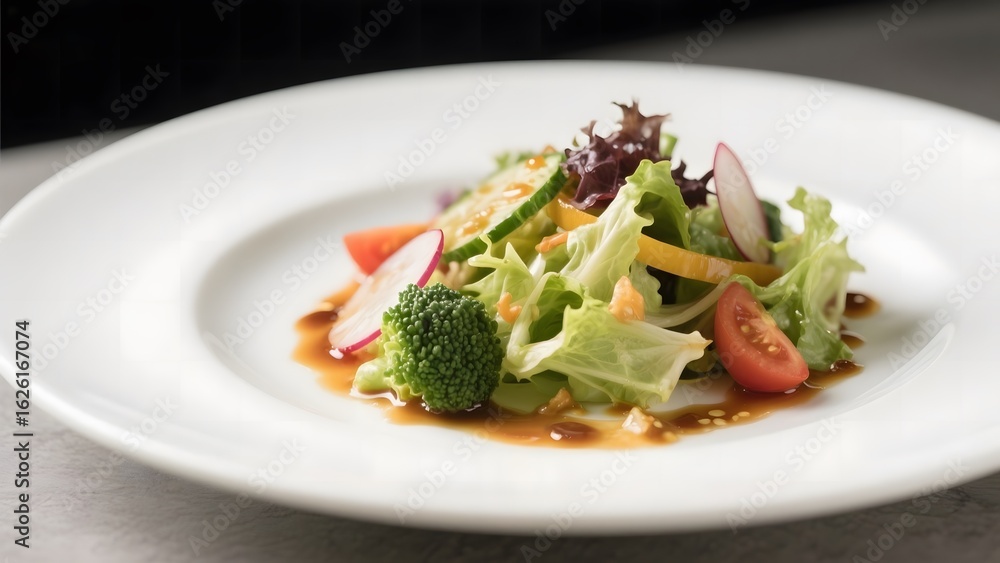 Fresh mixed salad with broccoli, lettuce, radish, and tomato on a white plate Fresh mixed salad with broccoli, lettuce, radish, and tomato on a white plate