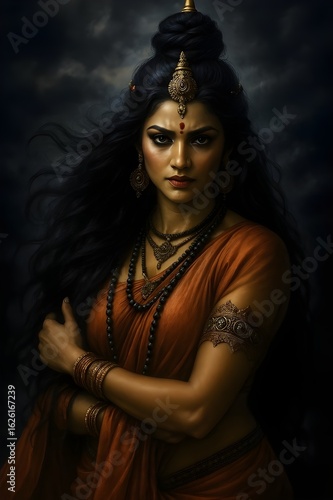 Epic portrait of a powerful Indian queen with a determined gaze and traditional jewelry