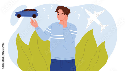 Confused man deciding between car and airplane for transportation with question marks and nature background, concept of travel choice and decision making vector illustration