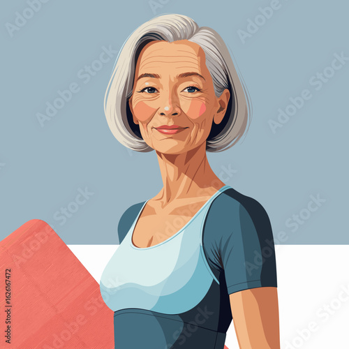 Senior woman smiling holding yoga mat in fitness studio background  