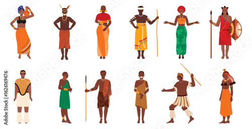 African indigenous people with traditional native clothes and weapon set. Adult male and female characters of tribe in ethnic clothing, spear and shield, ritual decorations cartoon vector illustration