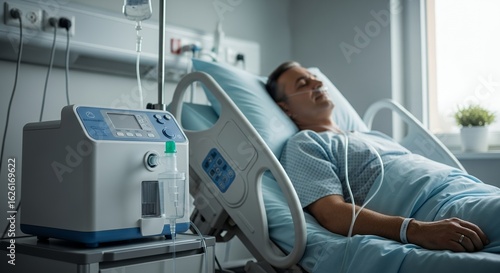 Man Resting in Hospital Bed Connected to Medical Oxygen Therapy Equipment in a Bright Modern Clinical Room Setting with Natural Light and Soothing Neutral Tones for Recovery