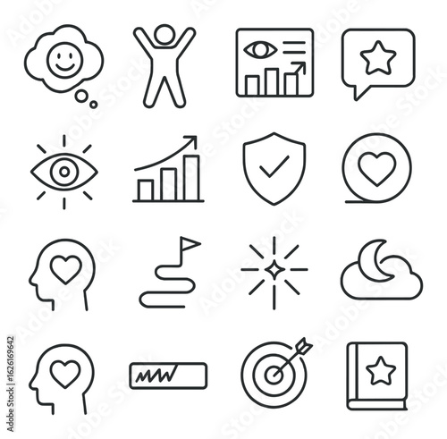 Linear icon set: mind, achieve, analytics, vision, growth, shield, path, target, night, thoughts, book