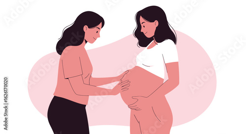 Illustration of a Woman Touching a Pregnant Woman's Belly