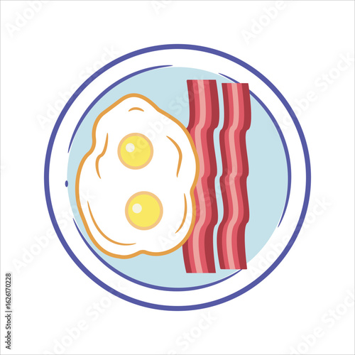 Vector Illustration of Breakfast Plate with Fried Eggs and Bacon
