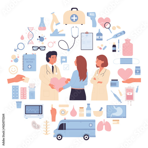 Medical service, emergency kit and hospital equipment in round infographic banner. Girl giving heart to doctor, pharmacy pills and instruments, finger in sterile bandages cartoon vector illustration