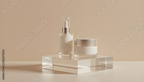 Wallpaper Mural Elegant Cream and Serum Skincare Products on a Transparent Display.This image showcases two elegant skincare products – a serum bottle and a cream jar – presented on a clear acrylic display podium aga Torontodigital.ca