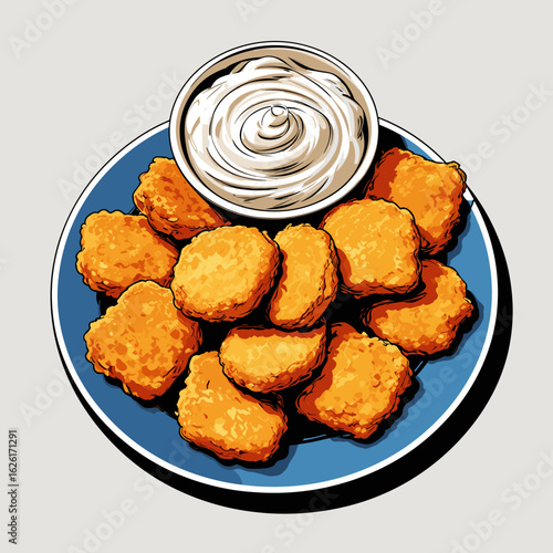 Chicken nuggets served with creamy dip on blue plate  