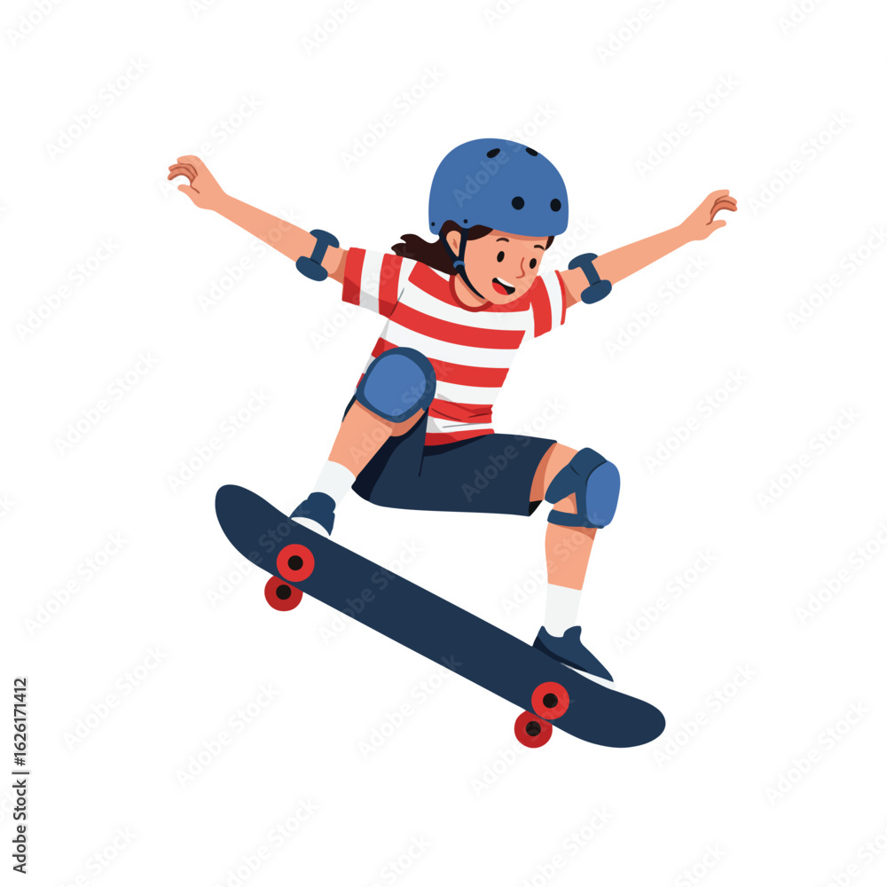 Fototapeta premium Cartoon illustration of a young fencer in white uniform with a foil, wearing a helmet, smiling and ready for a match.