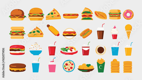A collection of colorful flat-style fast food icons. This vector set includes illustrations of burgers, pizza, hot dogs, and drinks for easy editing.
