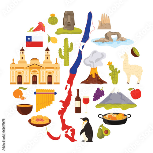 Travel to Chile, culture and landmarks, food and Andes mountains in round infographic banner. Chilean national elements and flag pattern on map, Moai sculpture and alpaca cartoon vector illustration