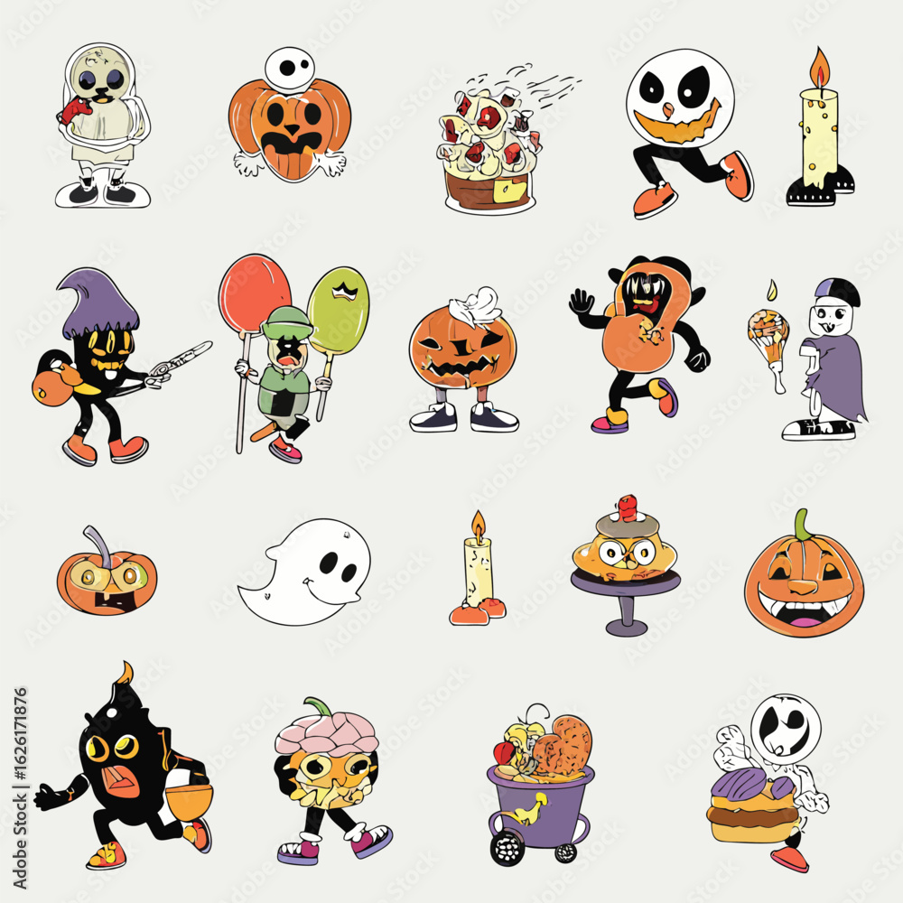 Fototapeta premium Cute Retro Halloween Cartoon Characters in Sticker Style