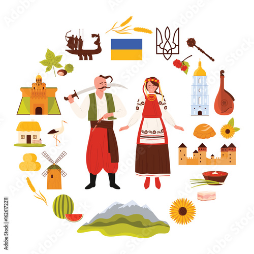 Ukraine culture elements, Ukrainian woman in flower wreath, Cossack with sword in round infographic poster. Carpathian Mountains and heritage building, independence symbols cartoon vector illustration