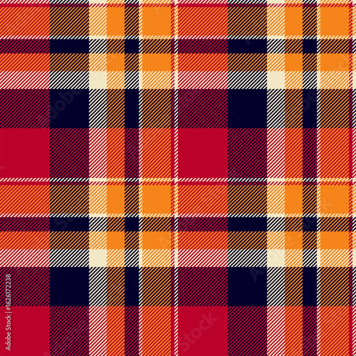 Vibrant autumnal plaid pattern.  Warm oranges, reds, and deep blues create a cozy, textured design perfect for fall fashion, home decor, or seasonal branding.